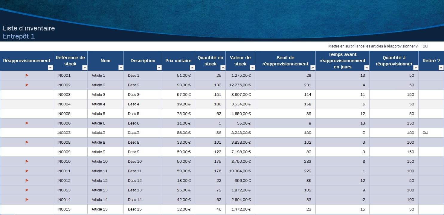 Exemple de modèle pour faire des inventaires d’entrepôt sur Excel