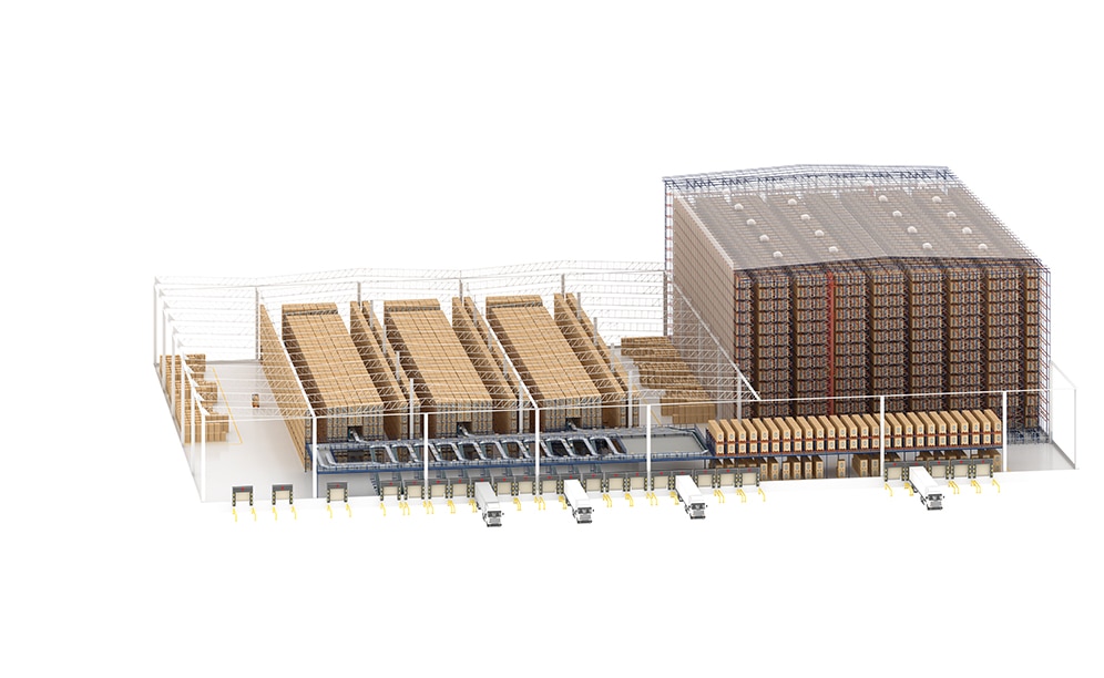 L’entrepôt de DECASA possède une grande variété de solutions : entrepôt automatique autoportant, système semi-automatique Pallet Shuttle, tours de picking pour palettes et caisses, trieuse, etc