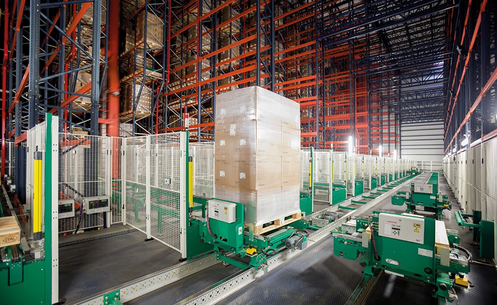 Stacker cranes move the pallets from the locations to the input and output conveyors located at one end of each aisle