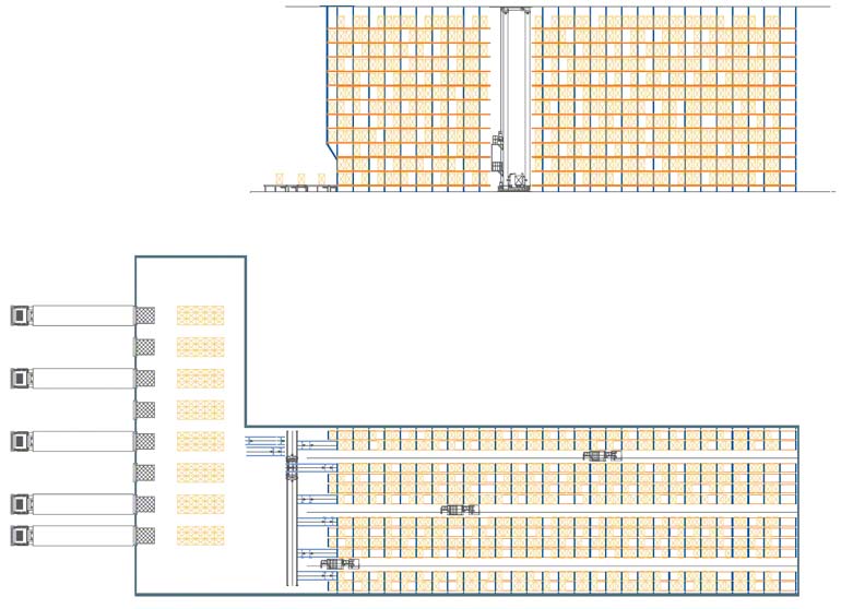 Rayonnages conventionnels à palettes desservis par des transslockeurs de double profondeur