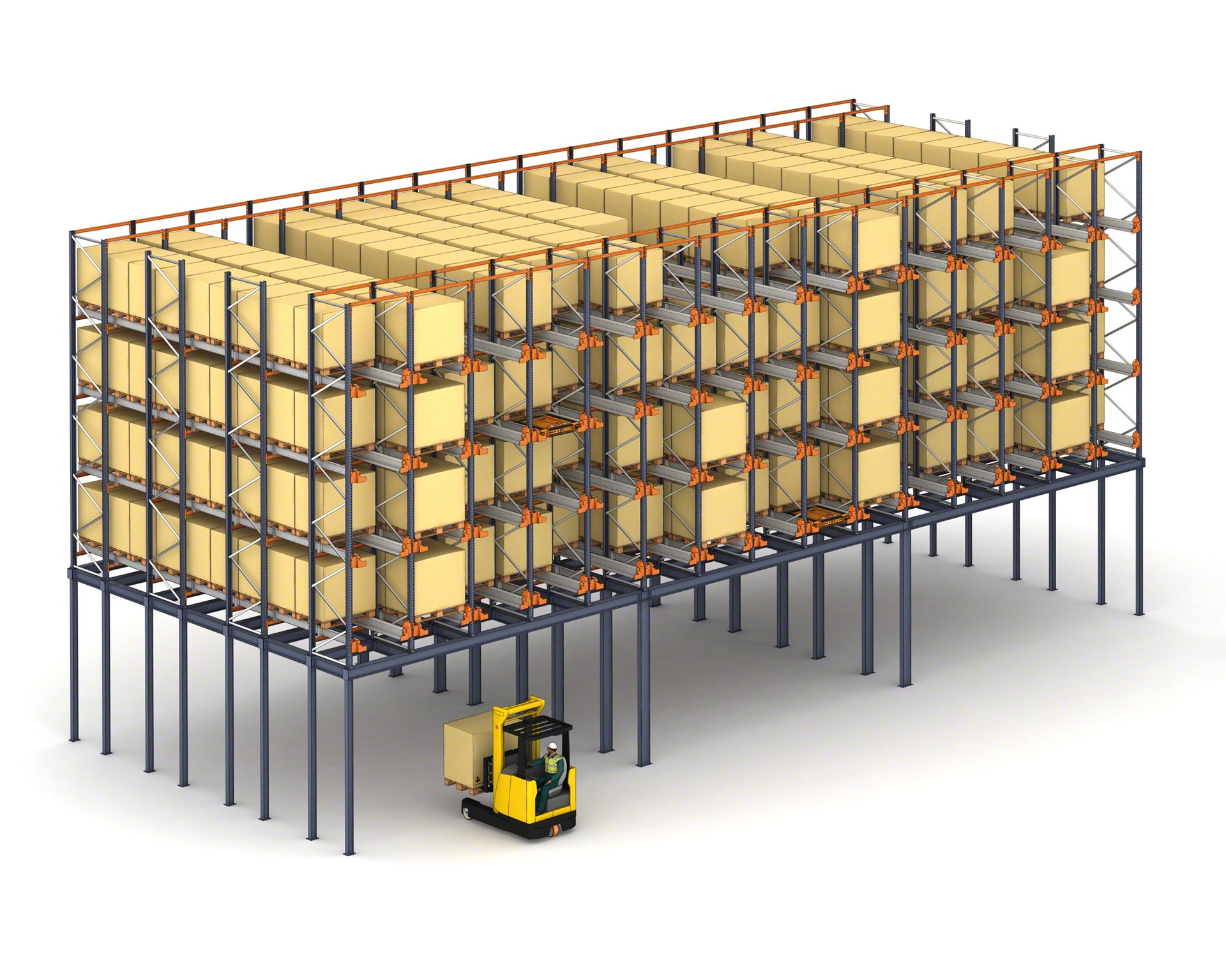 Dans les entrepôts à l'espace réduit, les rayonnages dotés du système Pallet Shuttle peuvent être installés sur une plateforme pour optimiser la surface